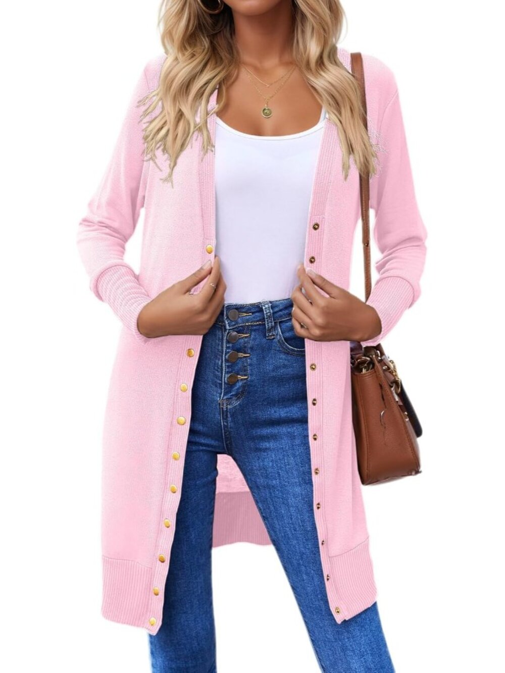 Women's Light Pink Button Down Long Sleeve Lightweight Casual Cardigan Sweaters